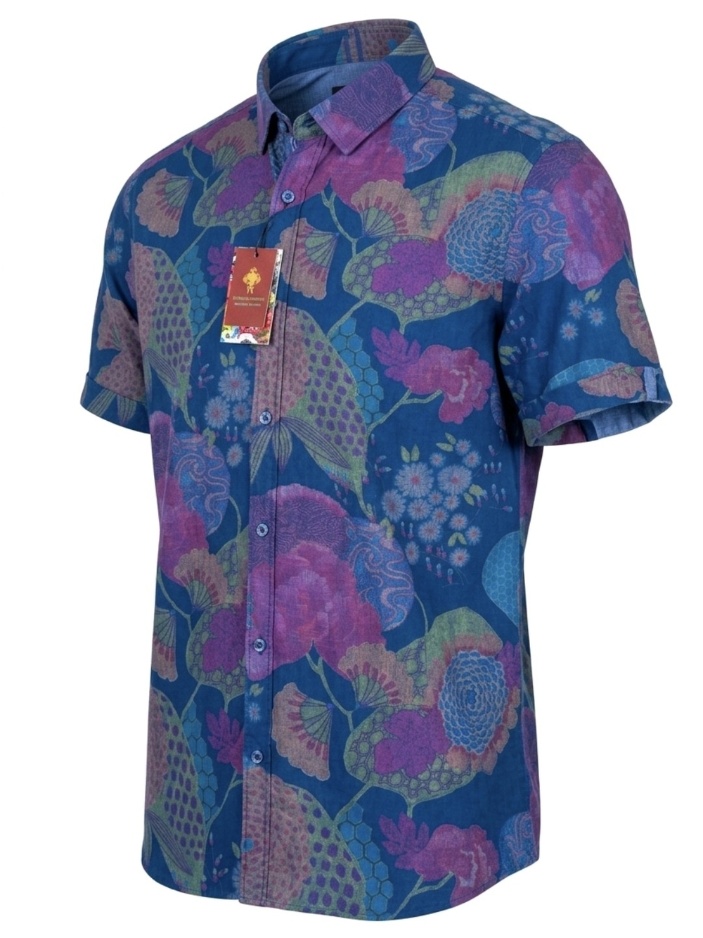 Men's Blue Floral Short-Sleeve Button-Down Shirt